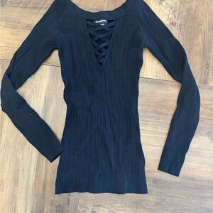 bebe Black Ribbed Lace-Up V-Neck Long Sleeve Top